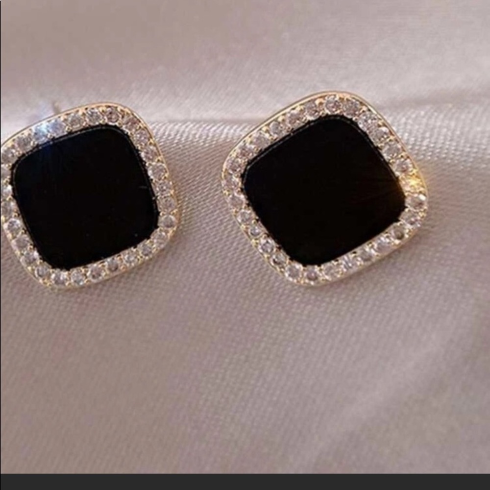 Black and Crystal Square Stud Earrings